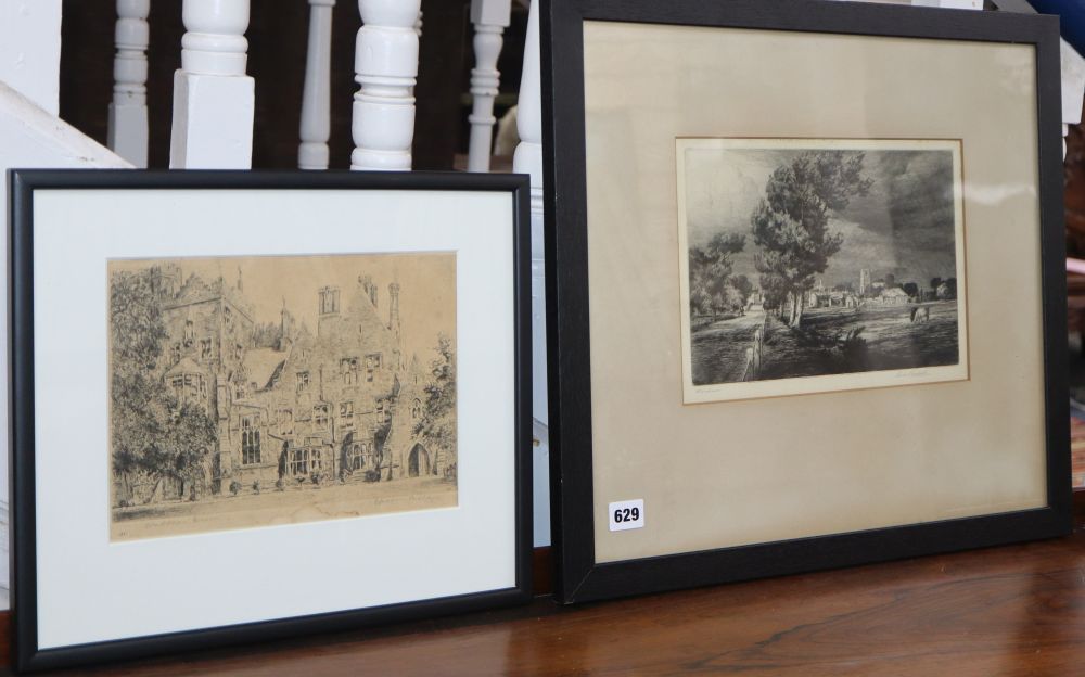 Percival Gaskell, etching, Wareham, signed in pencil, 20 x 28cm and a Wallace Hesler etching of Epsom College, 19 x 25cm